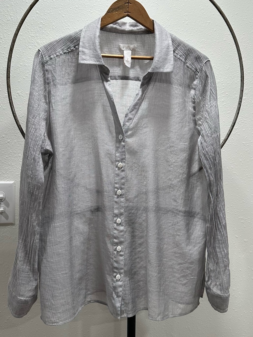 Chico's Sheer Crepe Silver Gray Long Sleeve Button Down Blouse large size 2
